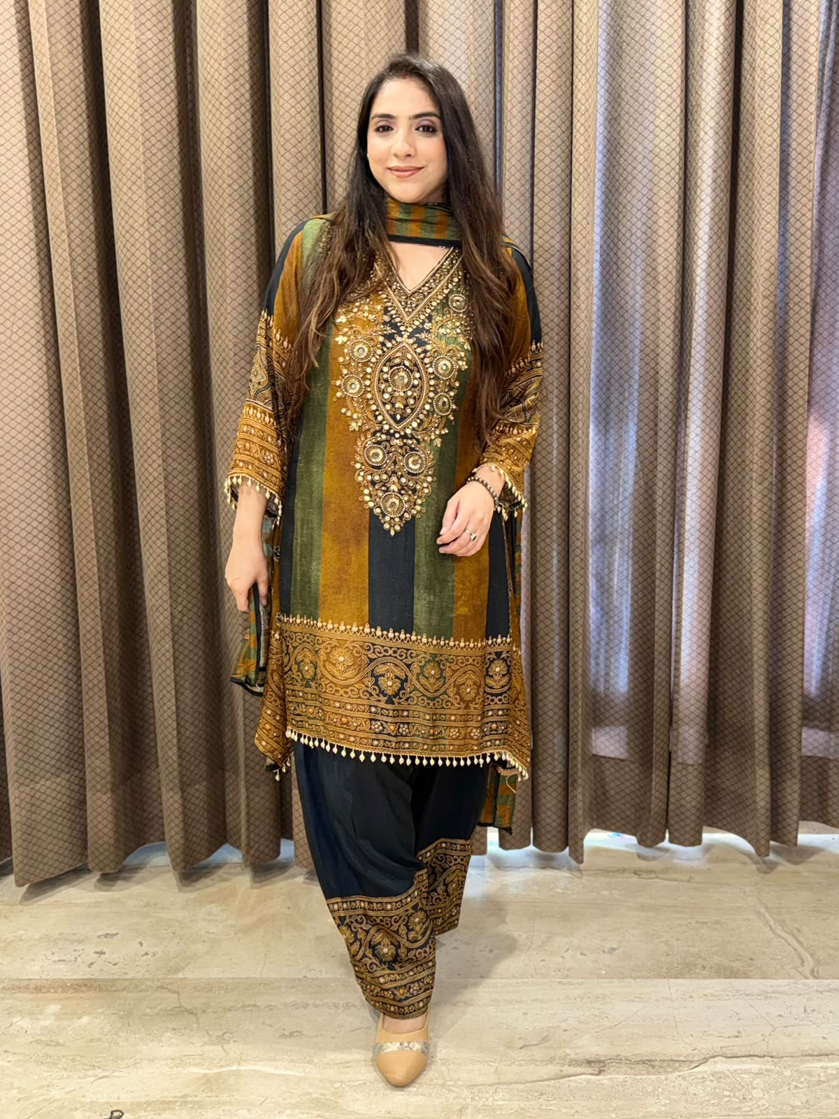 Green Digital Handwork C-Cut Kurta set with dupatta