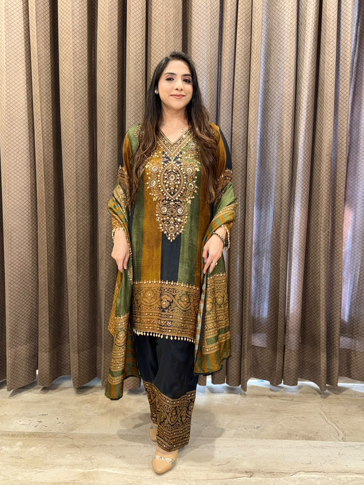 Green Digital Handwork C-Cut Kurta set with dupatta