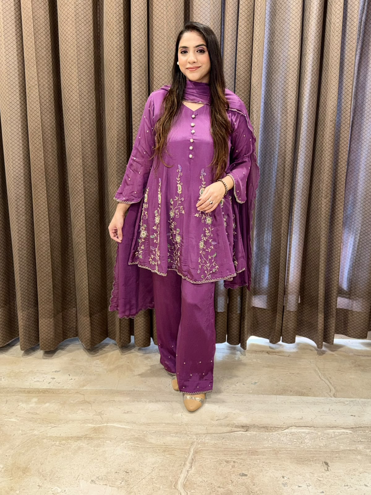 Purple Anarkali Set with handwork & dupatta