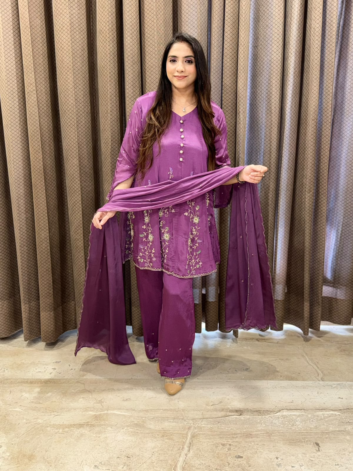 Purple Anarkali Set with handwork & dupatta