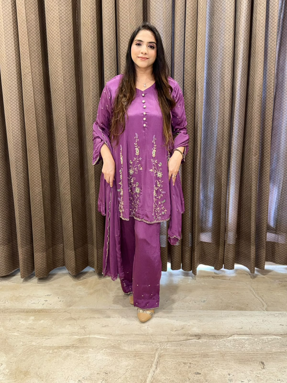 Purple Anarkali Set with handwork & dupatta