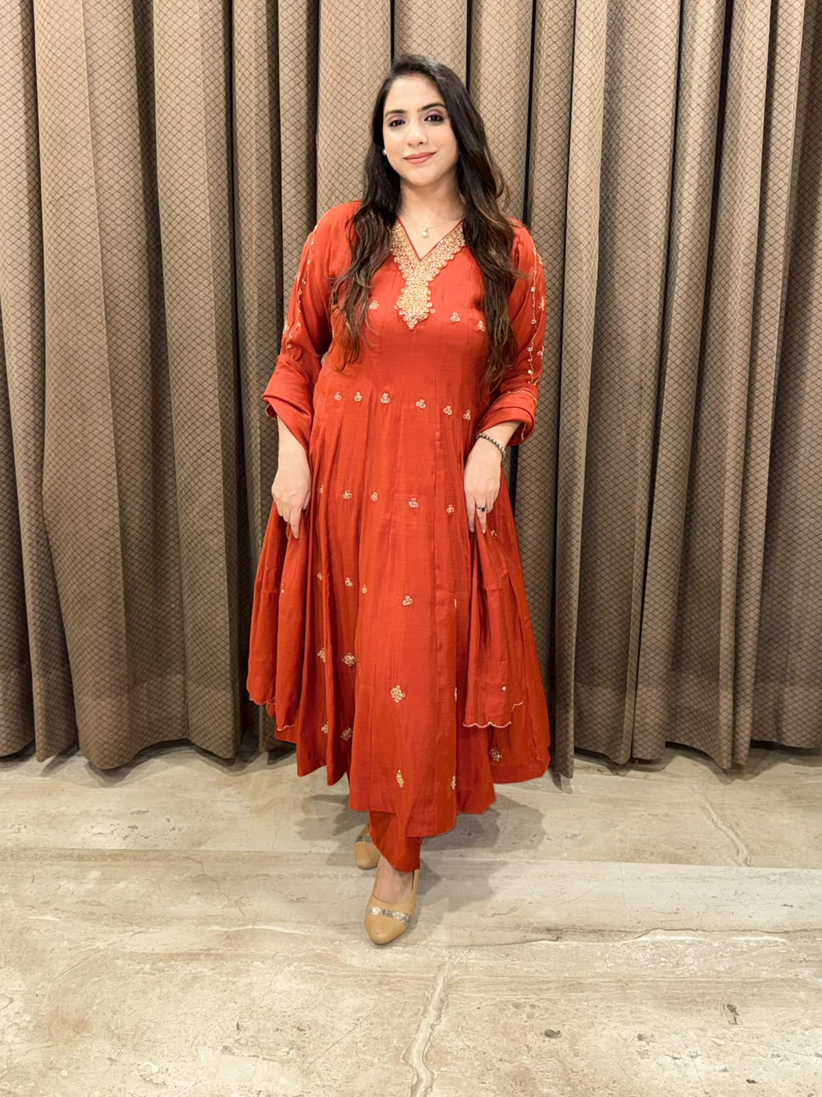 Rust elegant Anarkali set with designer handwork &Dupatta