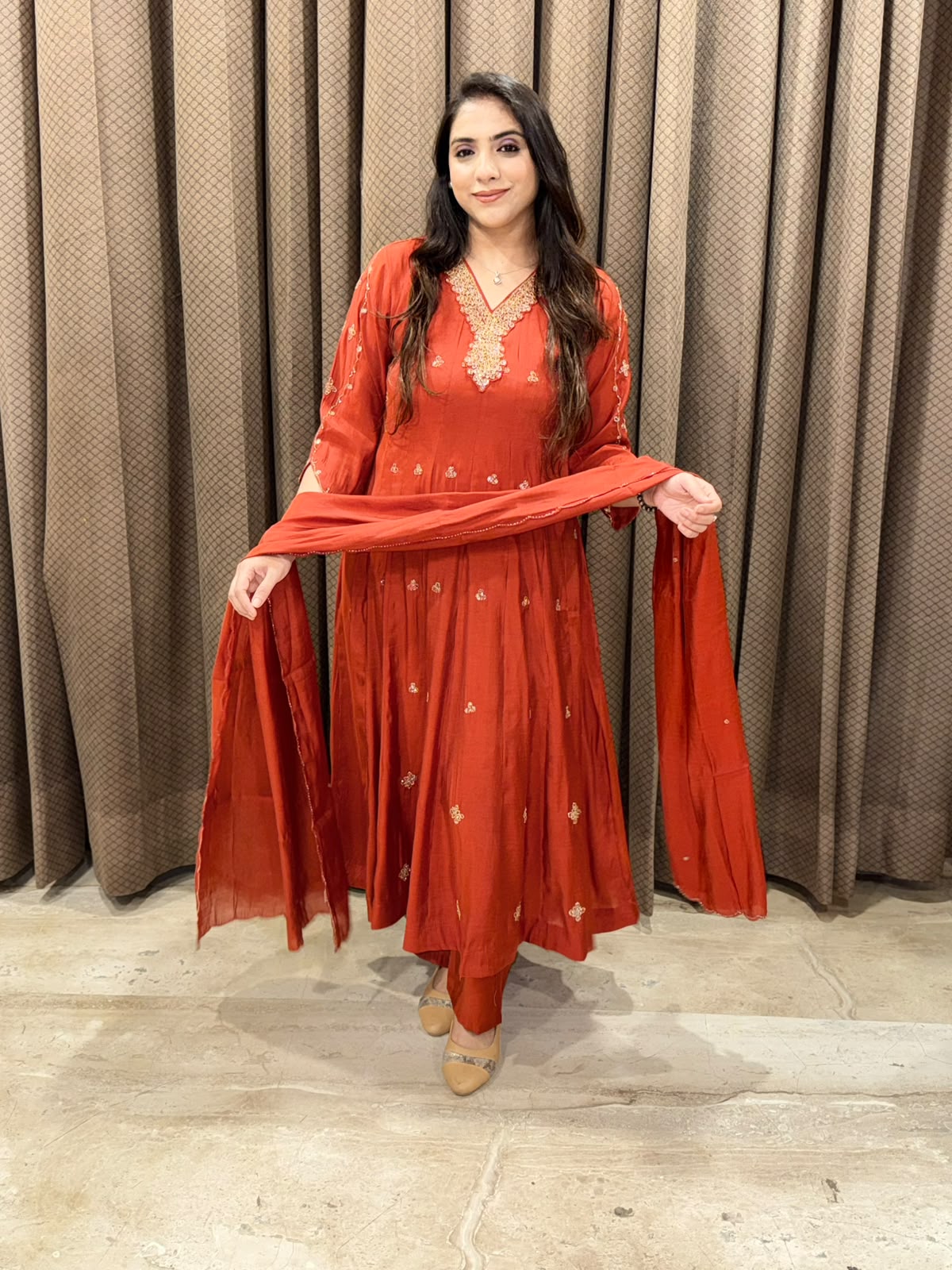 Rust elegant Anarkali set with designer handwork &Dupatta