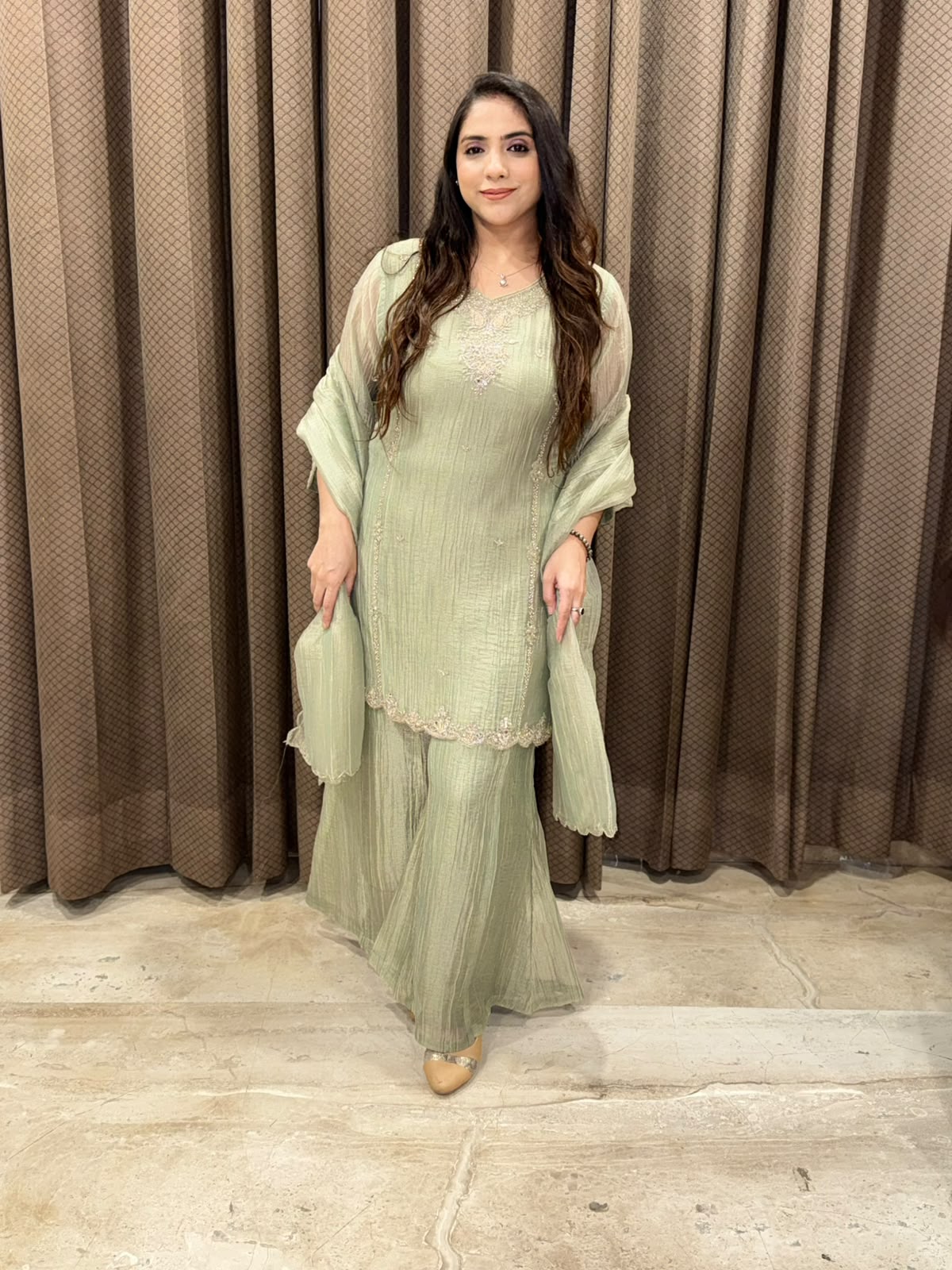 Designer Green Indowestern set with dupatta and mirror handwork