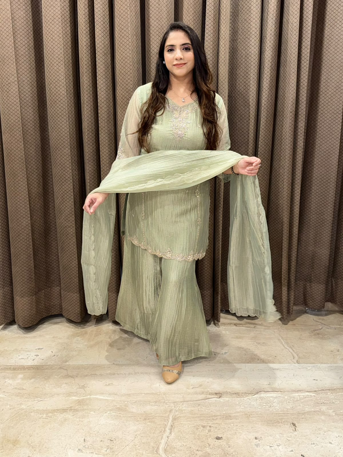 Designer Green Indowestern set with dupatta and mirror handwork