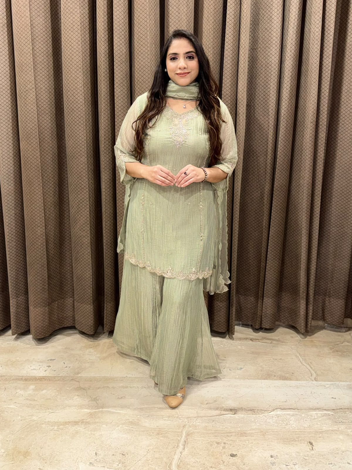 Designer Green Indowestern set with dupatta and mirror handwork