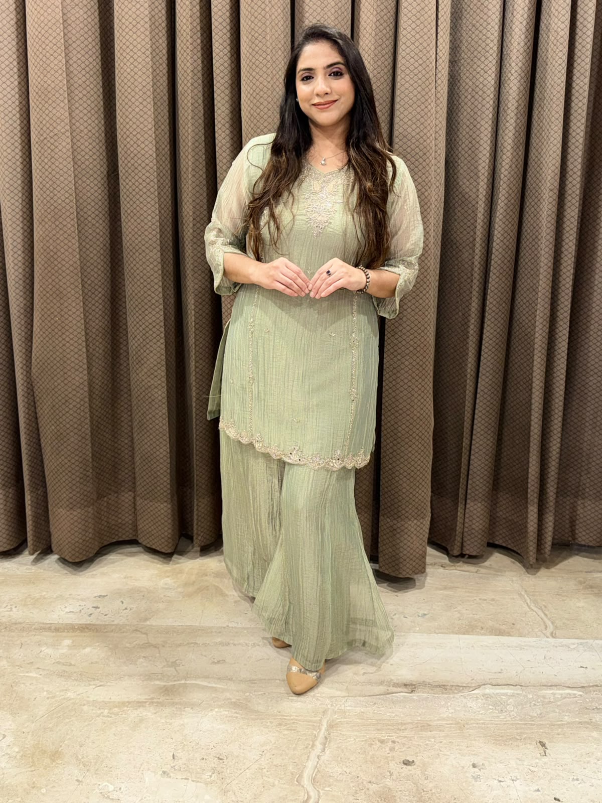 Designer Green Indowestern set with dupatta and mirror handwork