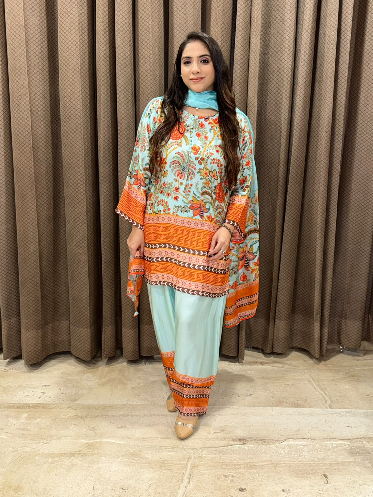 Designer Blue Printed Farshi set with dupatta