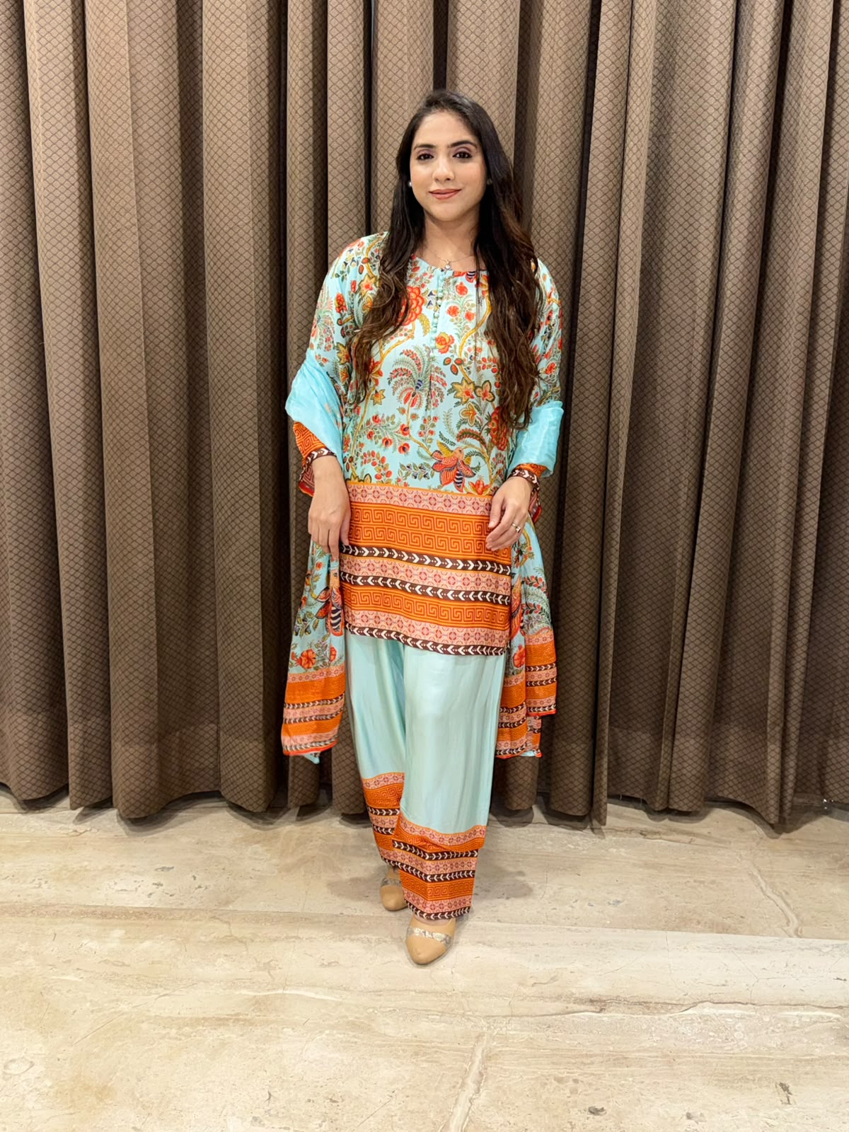 Designer Blue Printed Farshi set with dupatta