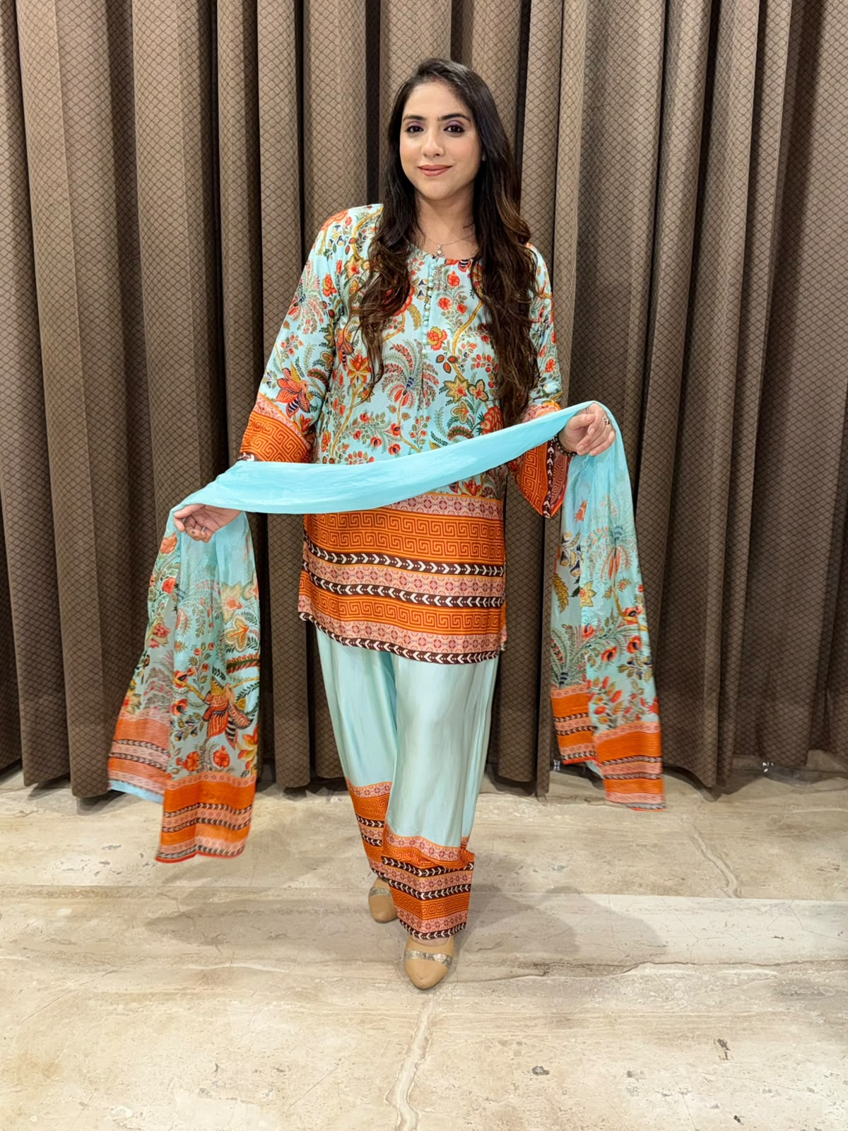 Designer Blue Printed Farshi set with dupatta