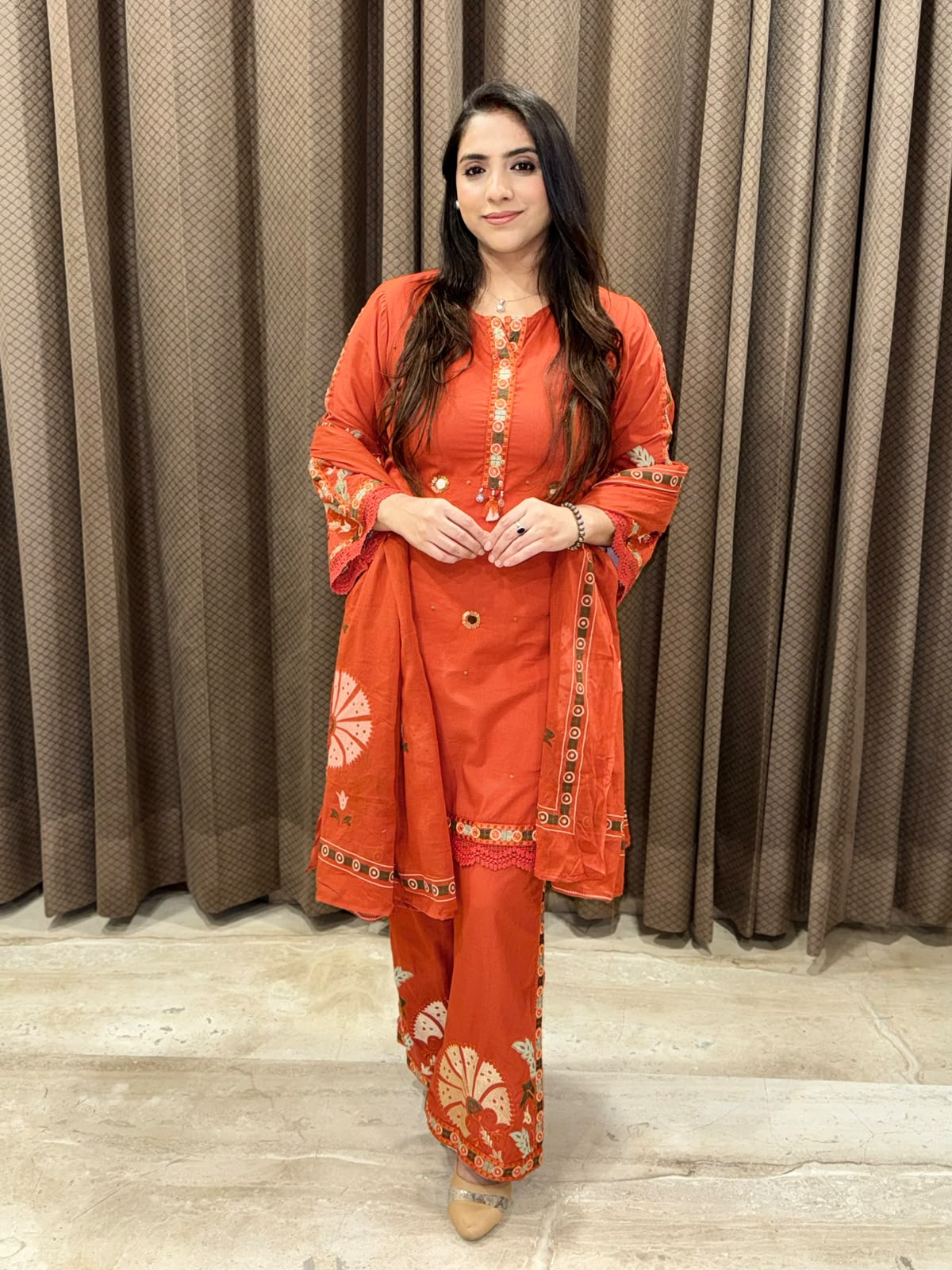 Rust Designer suit with thredwork &Dupatta