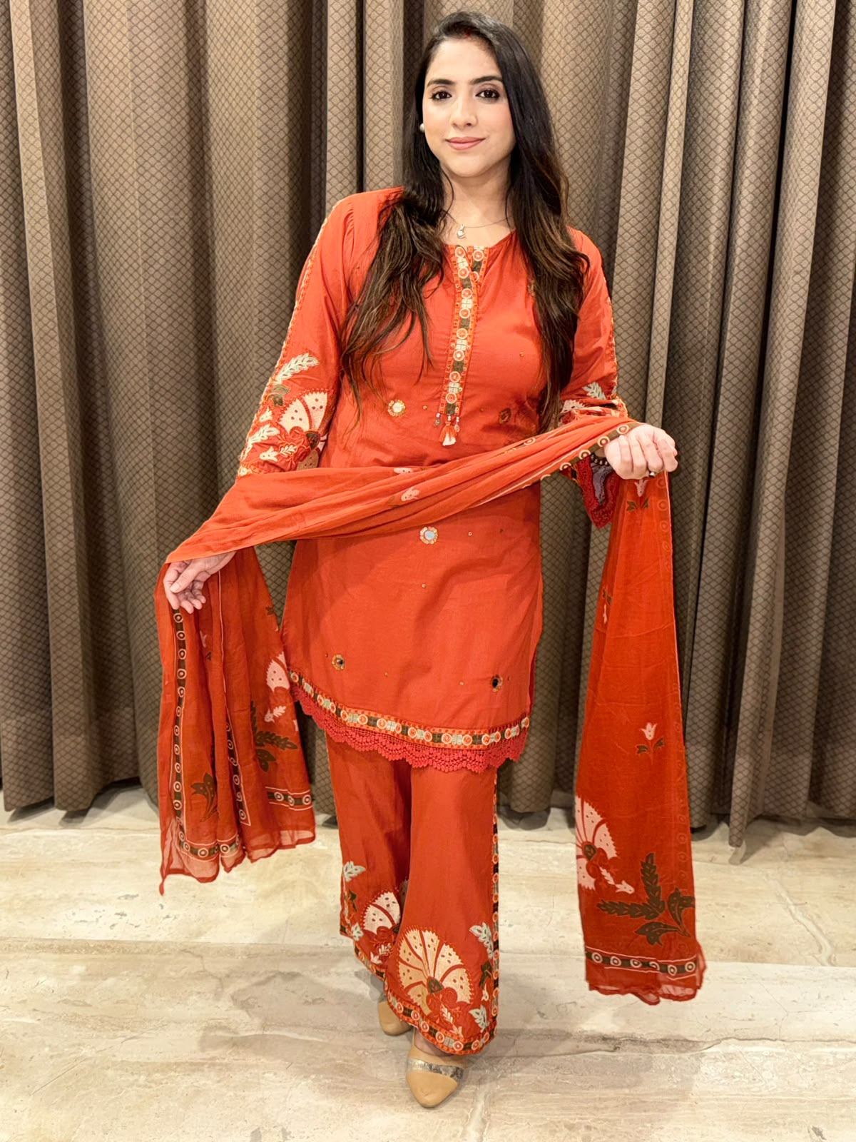 Rust Designer suit with thredwork &Dupatta