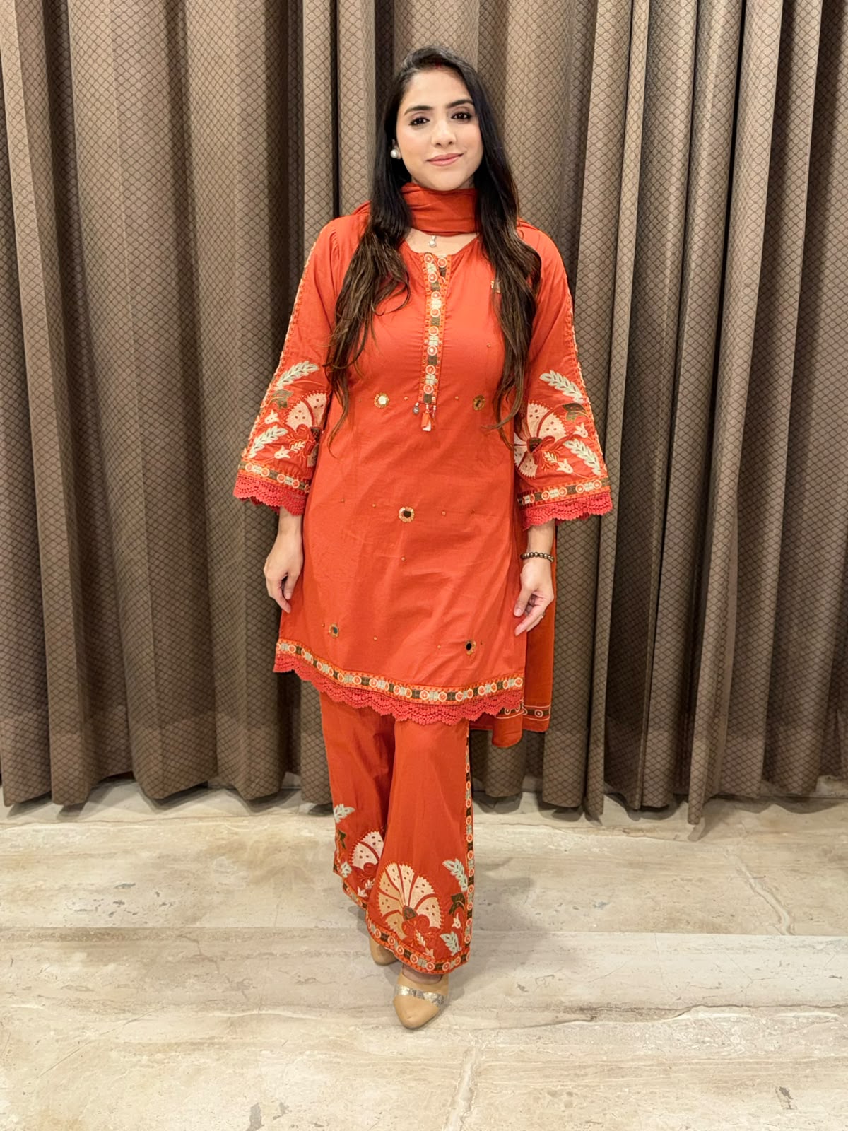 Rust Designer suit with thredwork &Dupatta
