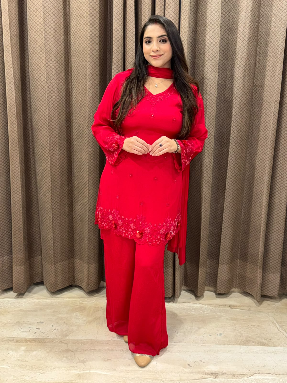 Red Elegant Plazoo suit with 3D flower handwork &Dupatta