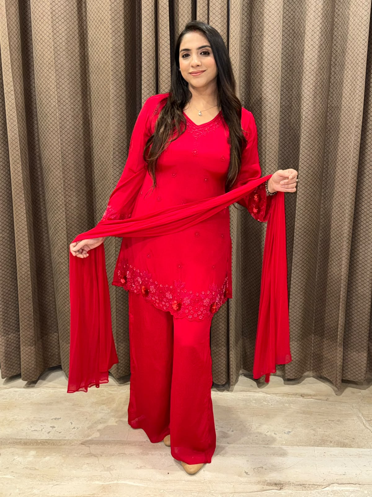 Red Elegant Plazoo suit with 3D flower handwork &Dupatta