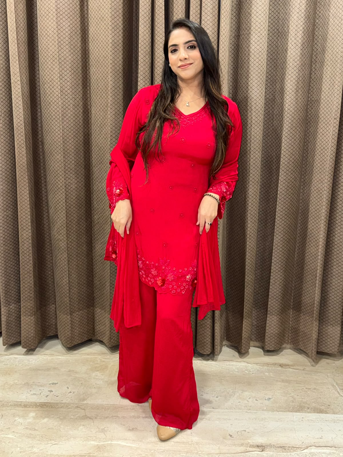 Red Elegant Plazoo suit with 3D flower handwork &Dupatta