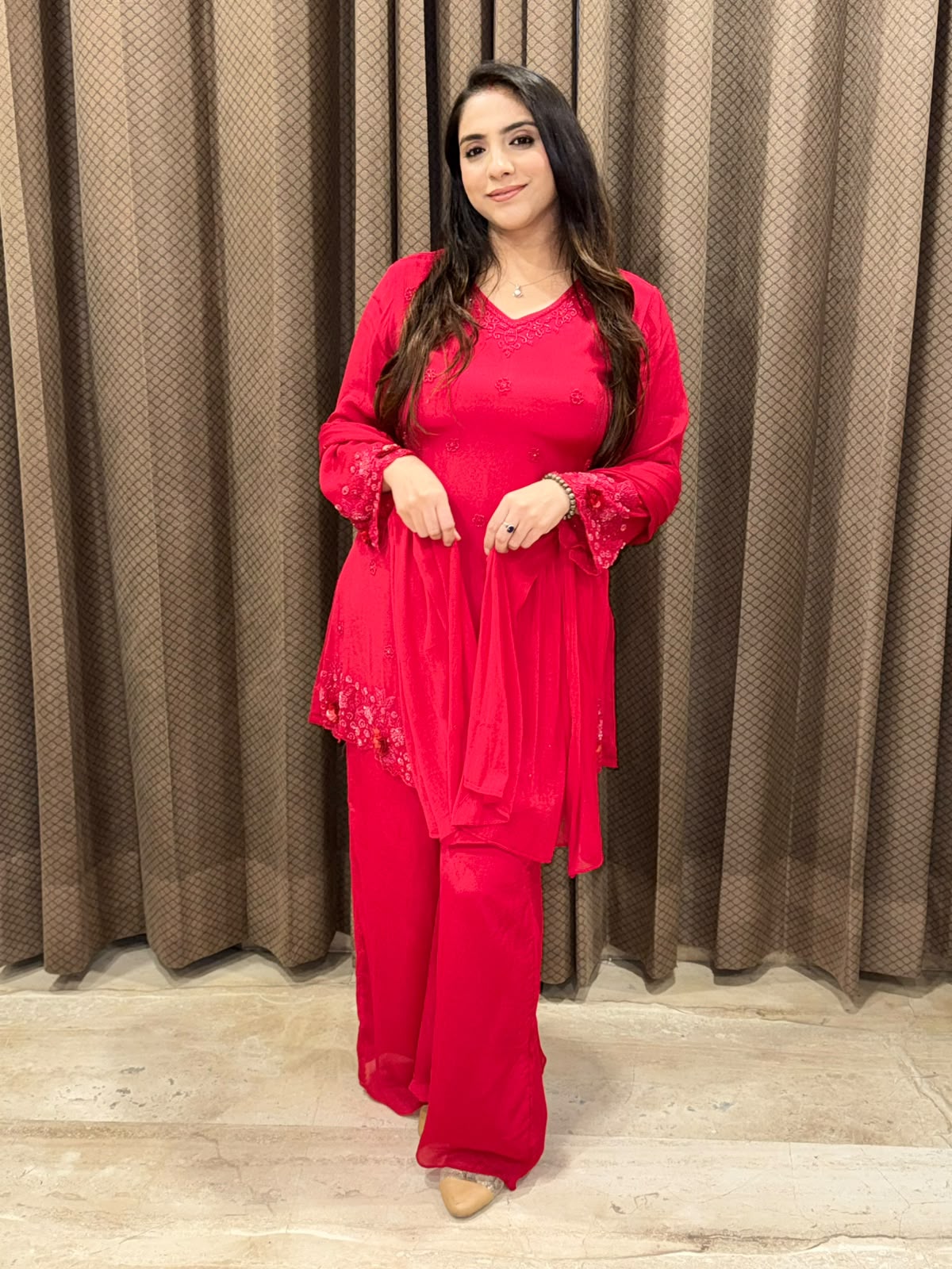 Red Elegant Plazoo suit with 3D flower handwork &Dupatta