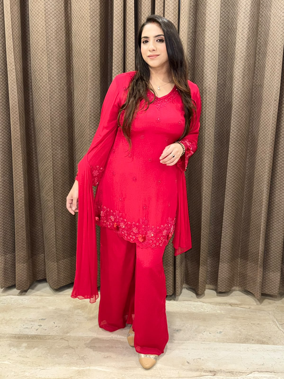 Red Elegant Plazoo suit with 3D flower handwork &Dupatta