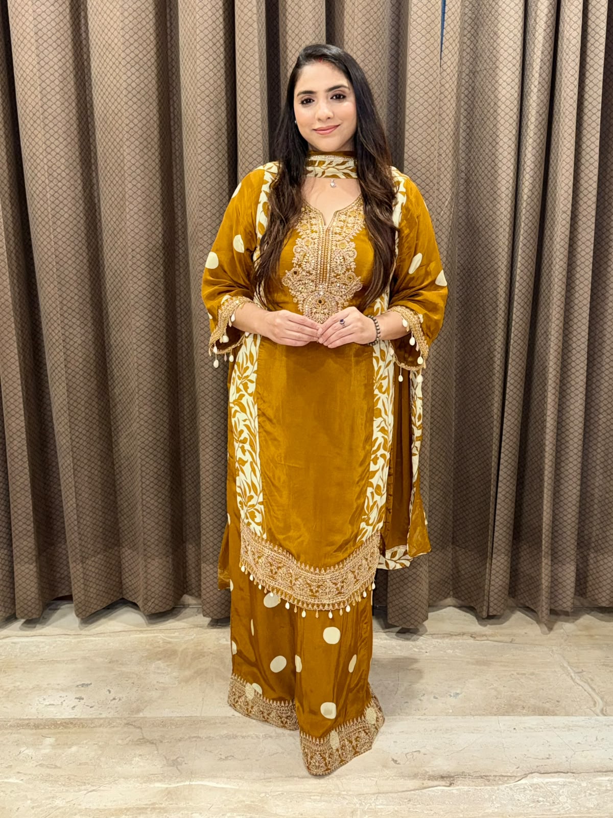 Mustard Designer straight suit with polka plazoo & handwork