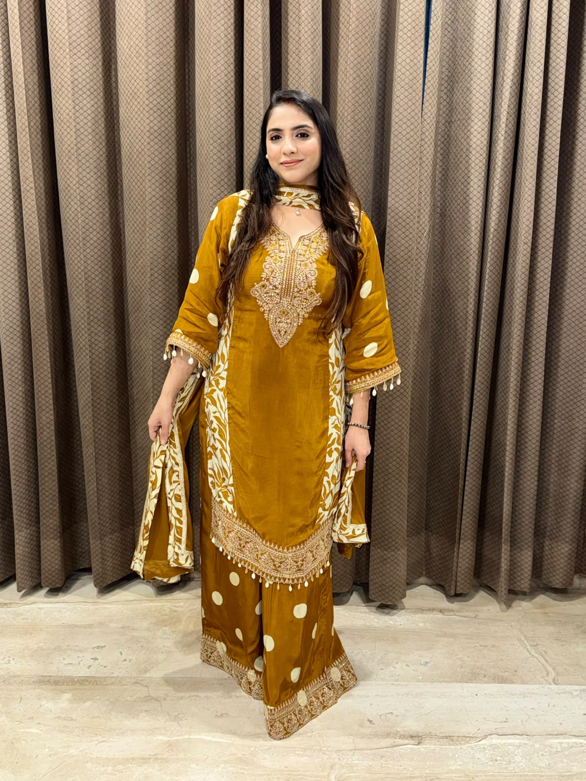 Mustard Designer straight suit with polka plazoo & handwork