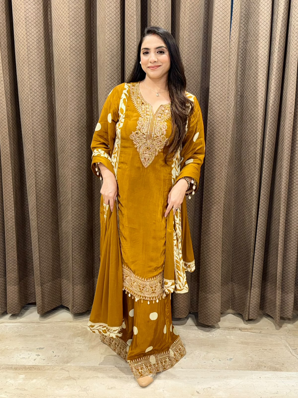 Mustard Designer straight suit with polka plazoo & handwork