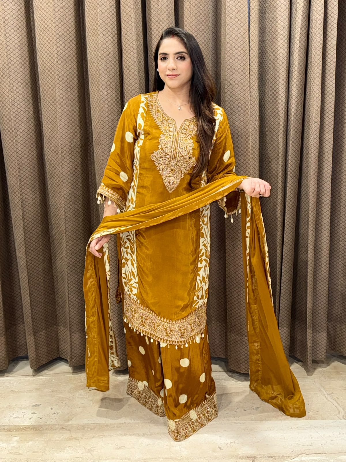 Mustard Designer straight suit with polka plazoo & handwork