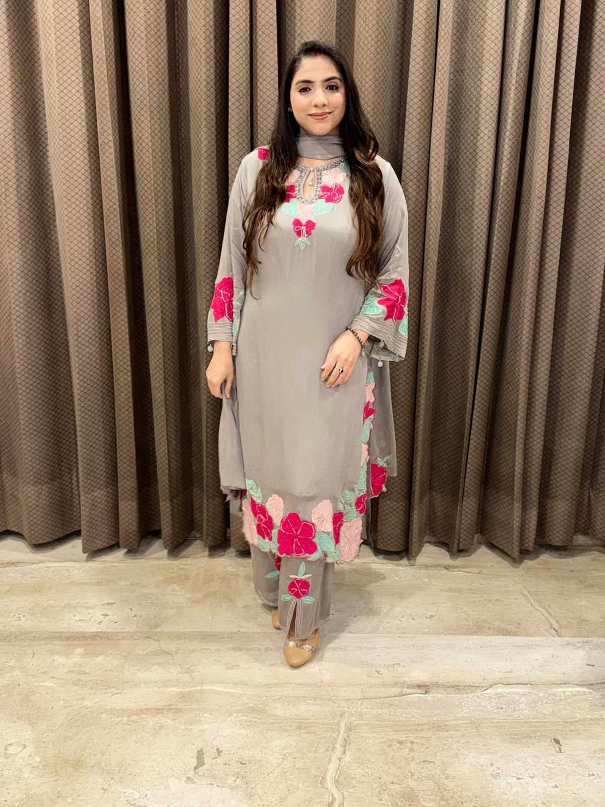 Grey Designer straight suit with Flower cutwork & hand detailing