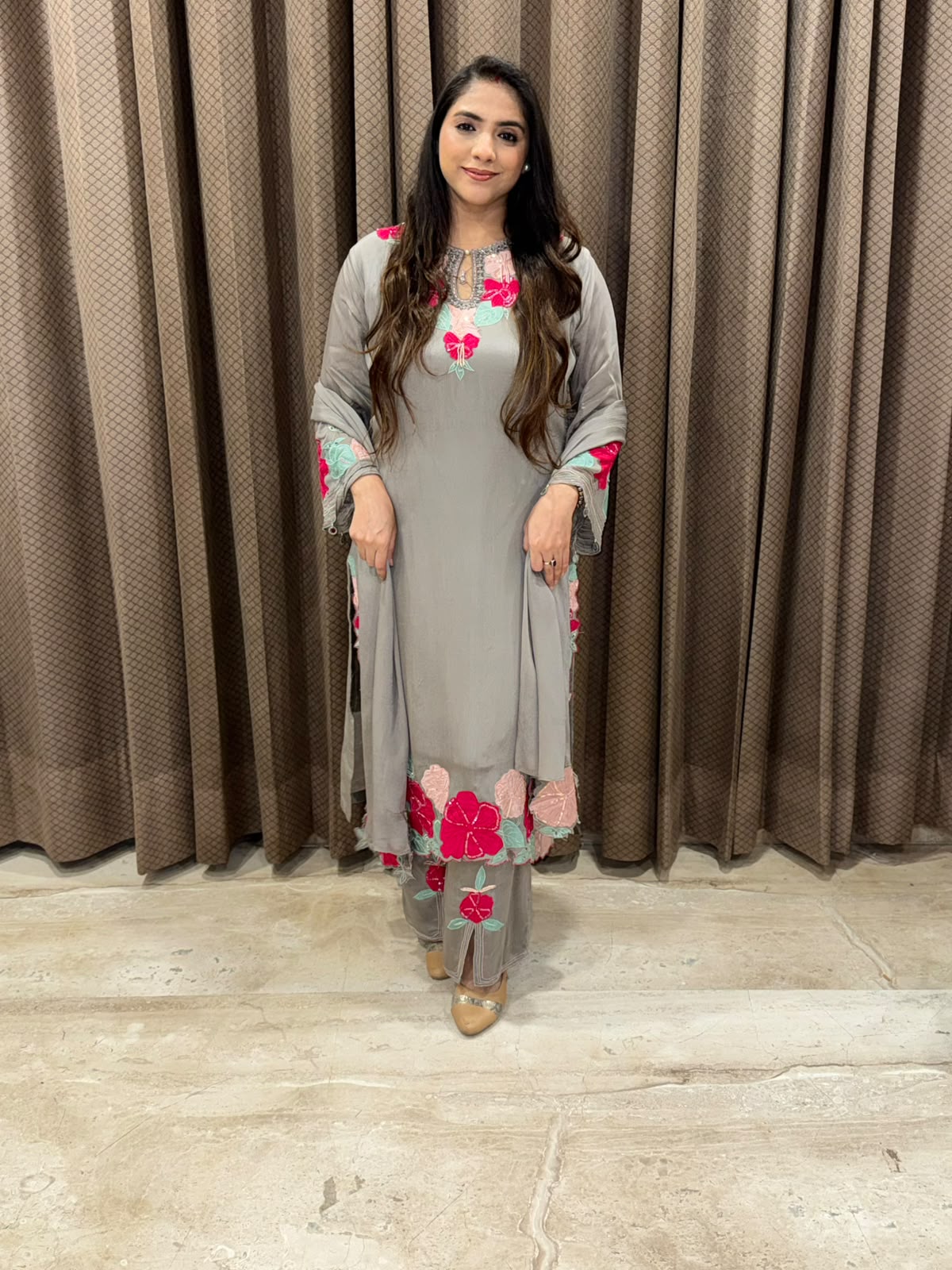 Grey Designer straight suit with Flower cutwork & hand detailing