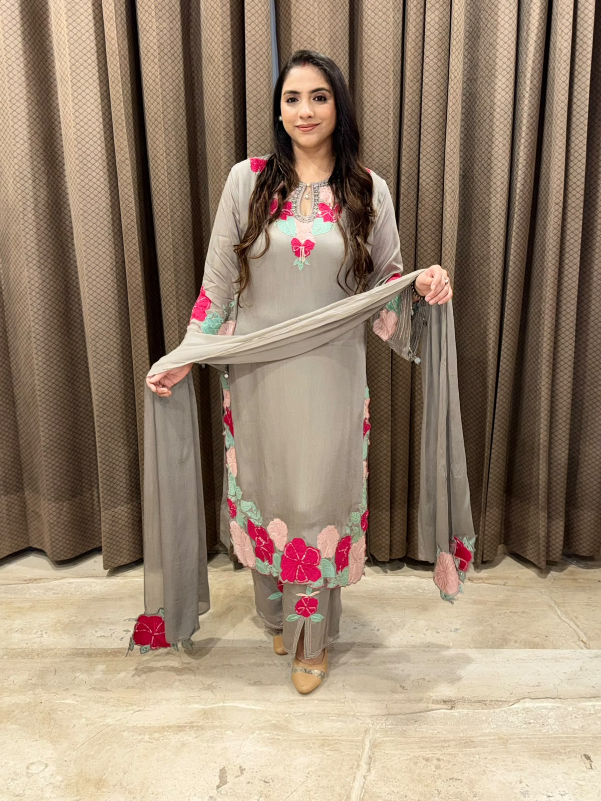 Grey Designer straight suit with Flower cutwork & hand detailing