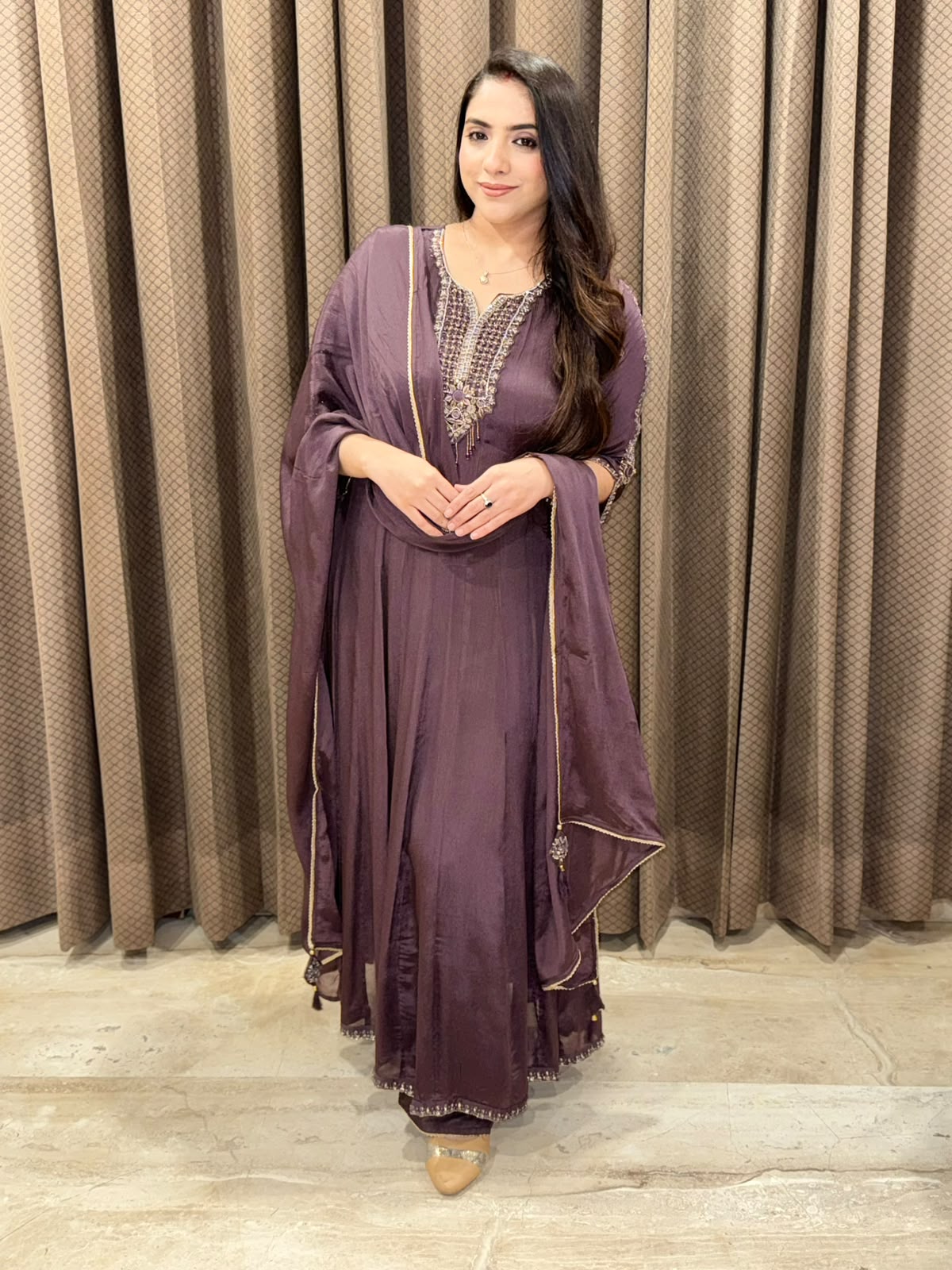 Wine designer Anarkali suit with handwork & dupatta