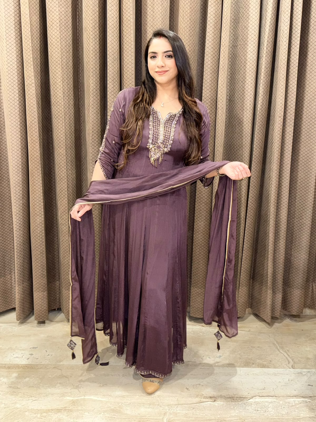 Wine designer Anarkali suit with handwork & dupatta