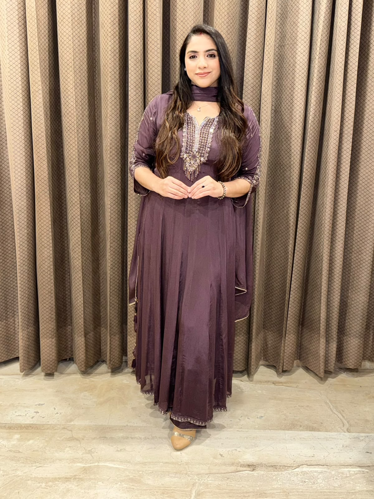 Wine designer Anarkali suit with handwork & dupatta
