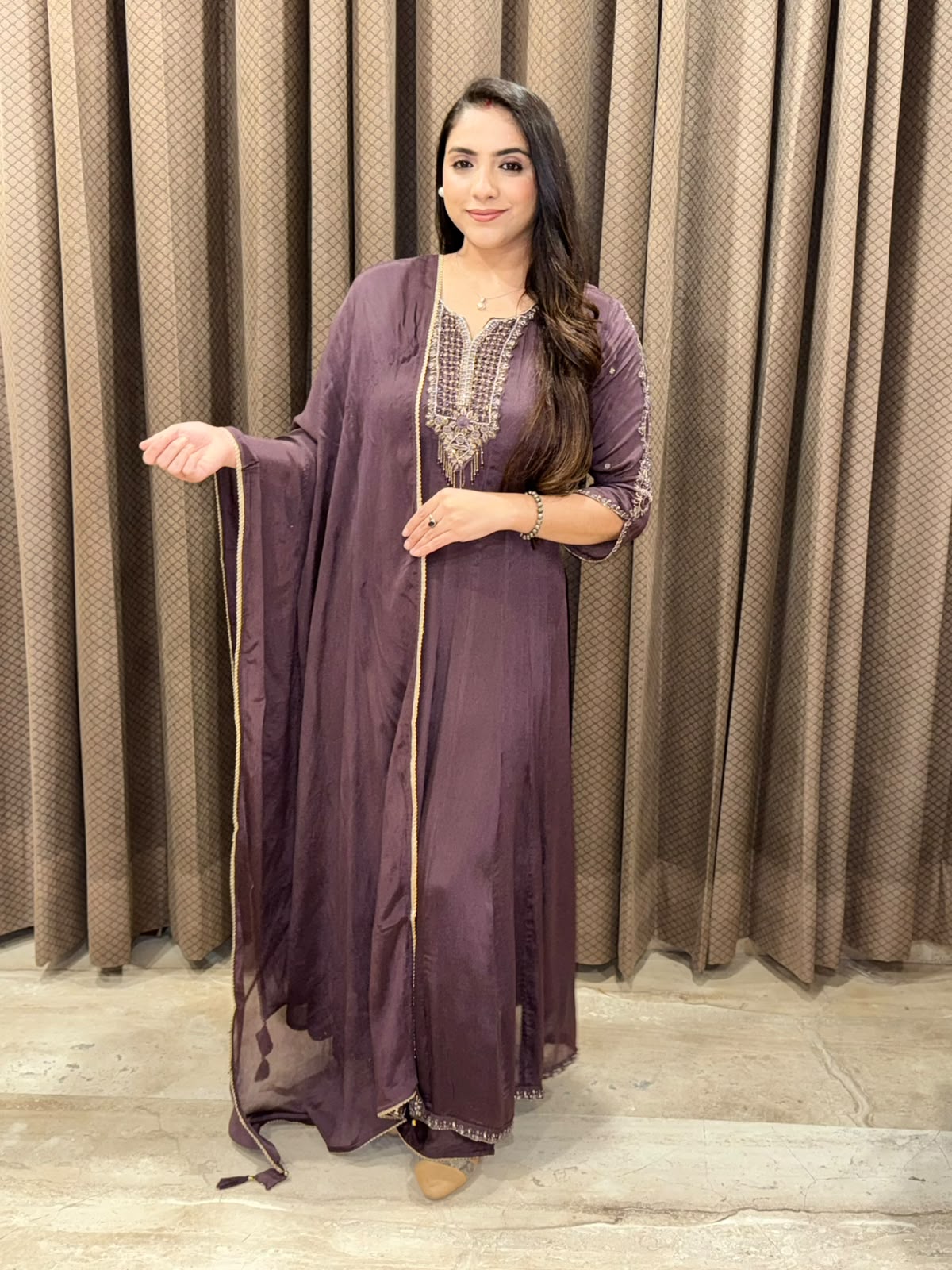 Wine designer Anarkali suit with handwork & dupatta