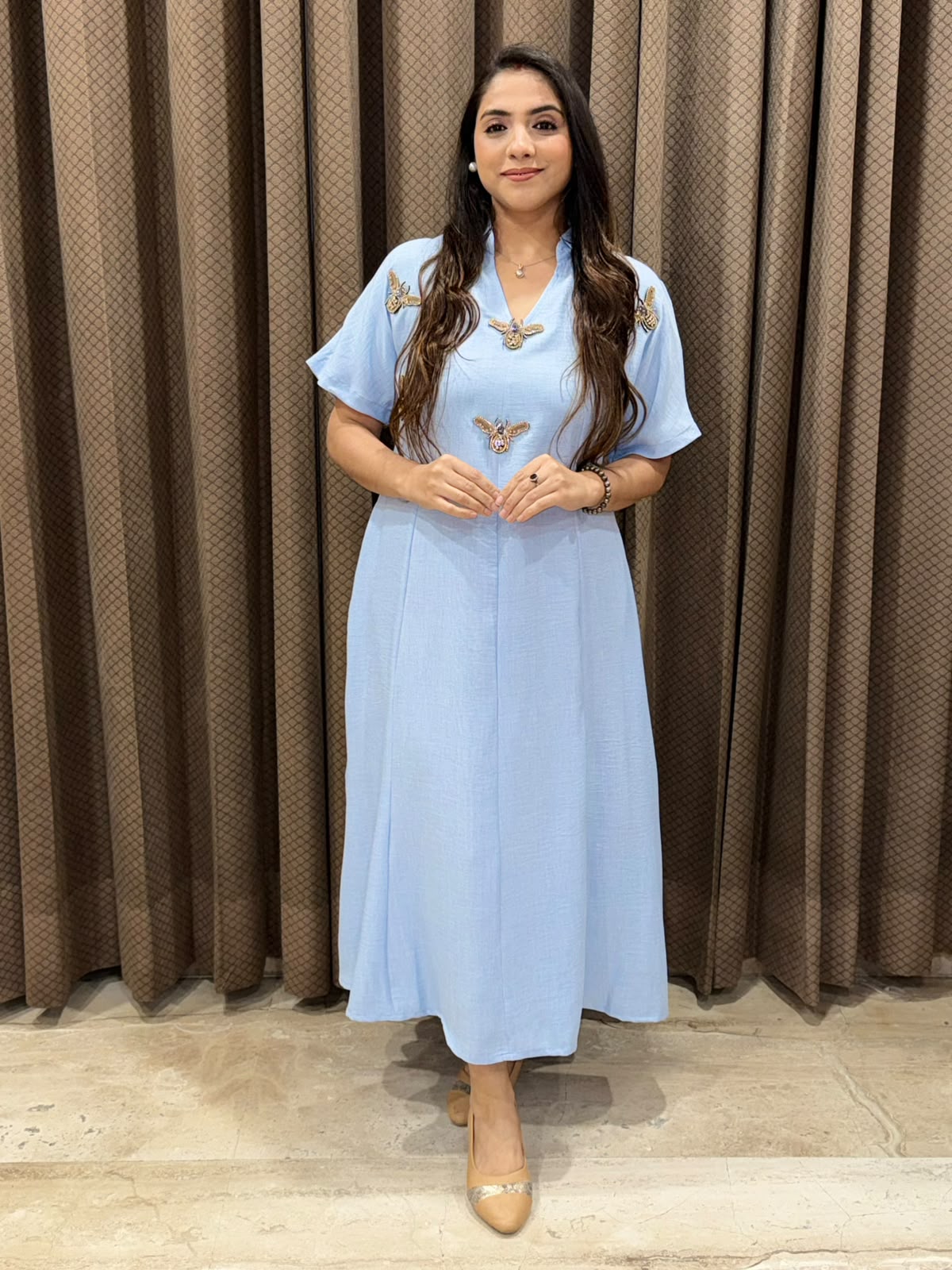 Smart blue Midi dress with  honeybees style & pockets