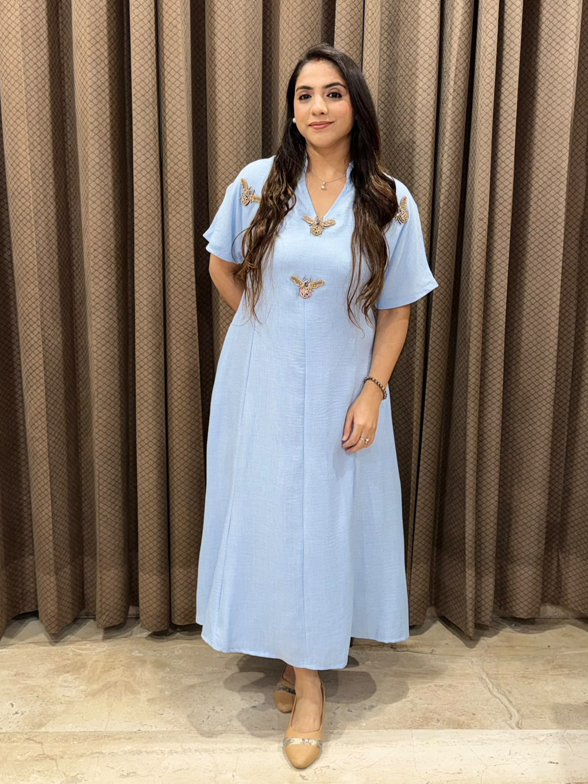 Smart blue Midi dress with  honeybees style & pockets