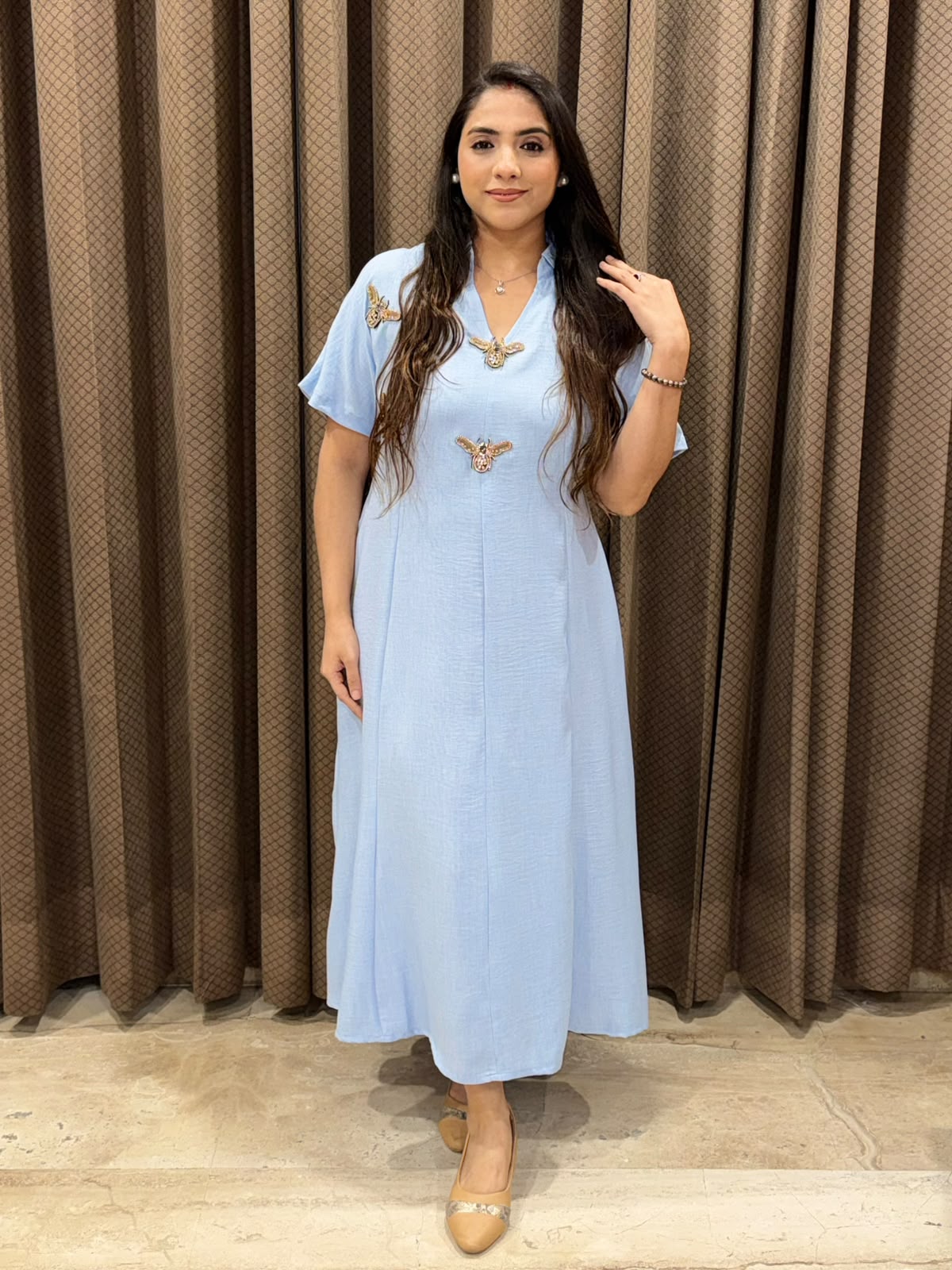 Smart blue Midi dress with  honeybees style & pockets
