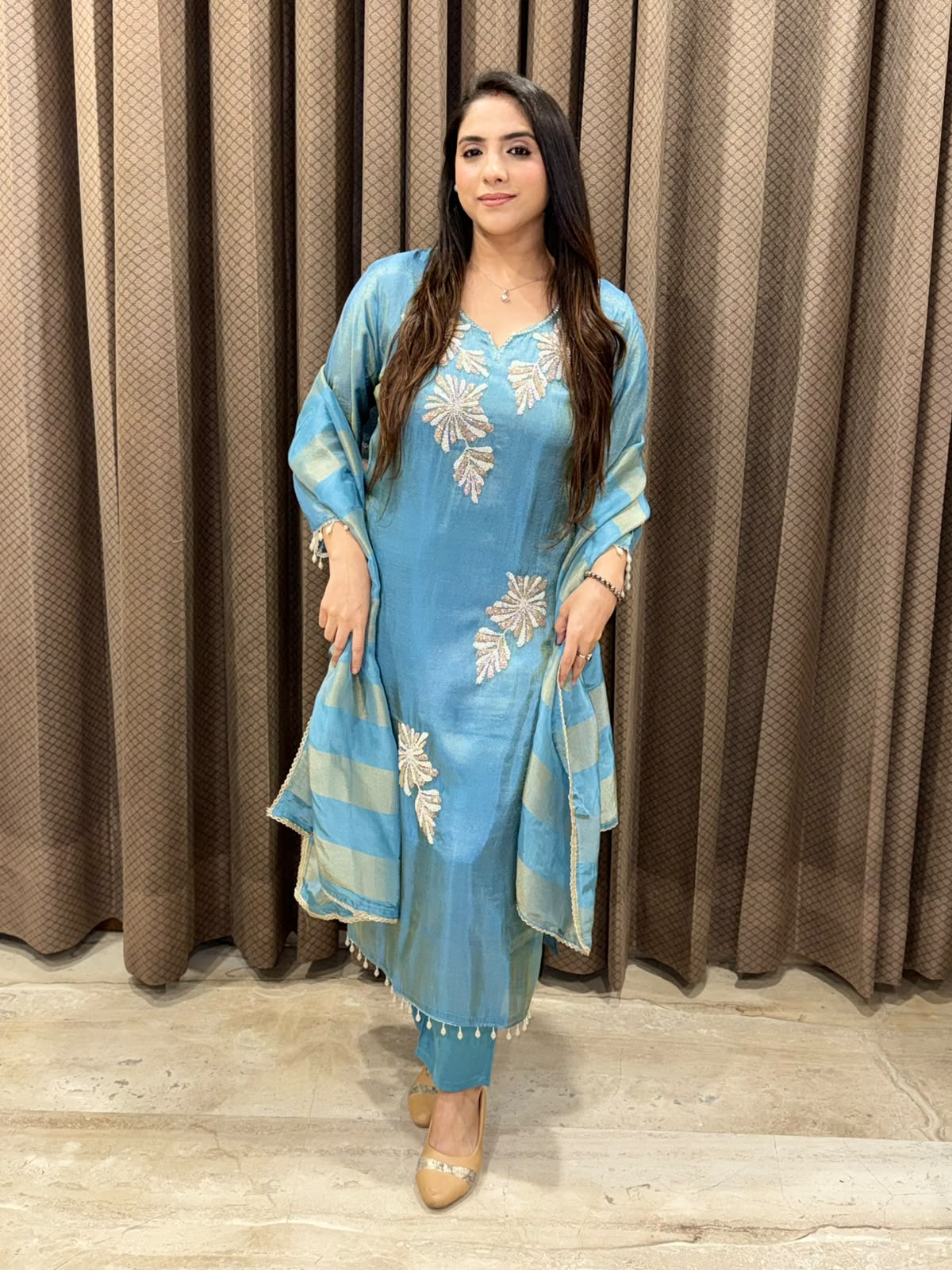 Blue Designer straight suit with Flower handwork & dupatta