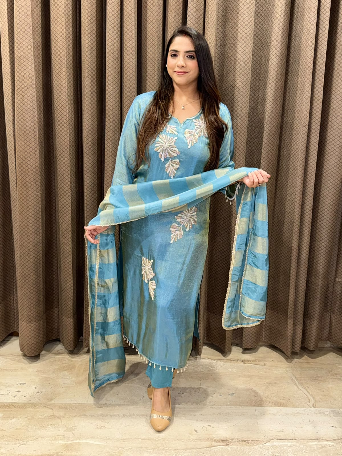 Blue Designer straight suit with Flower handwork & dupatta