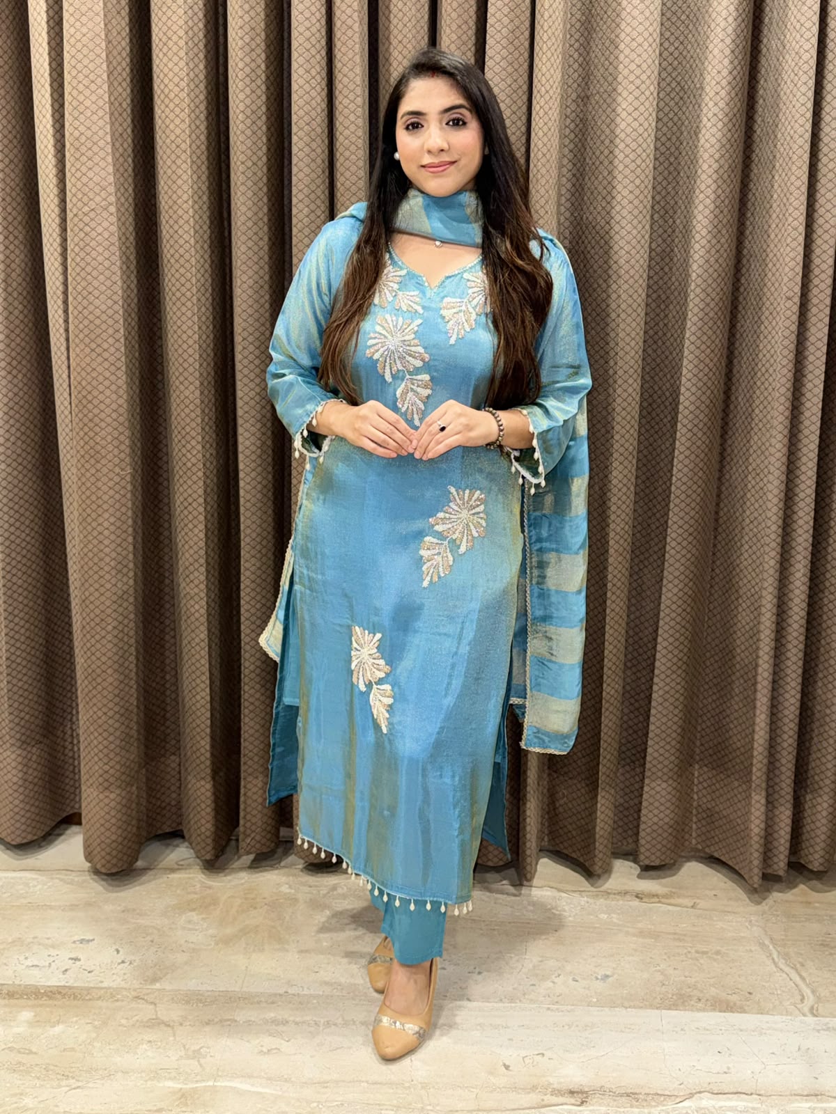 Blue Designer straight suit with Flower handwork & dupatta