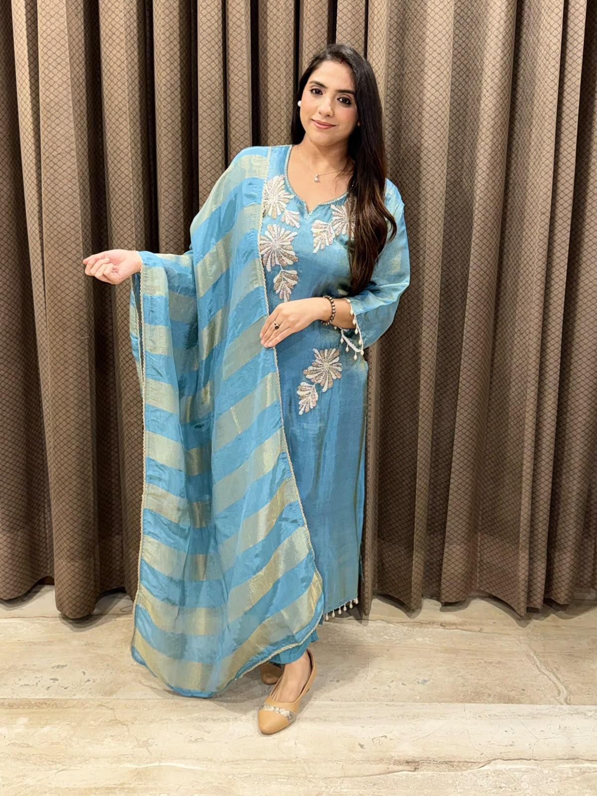 Blue Designer straight suit with Flower handwork & dupatta