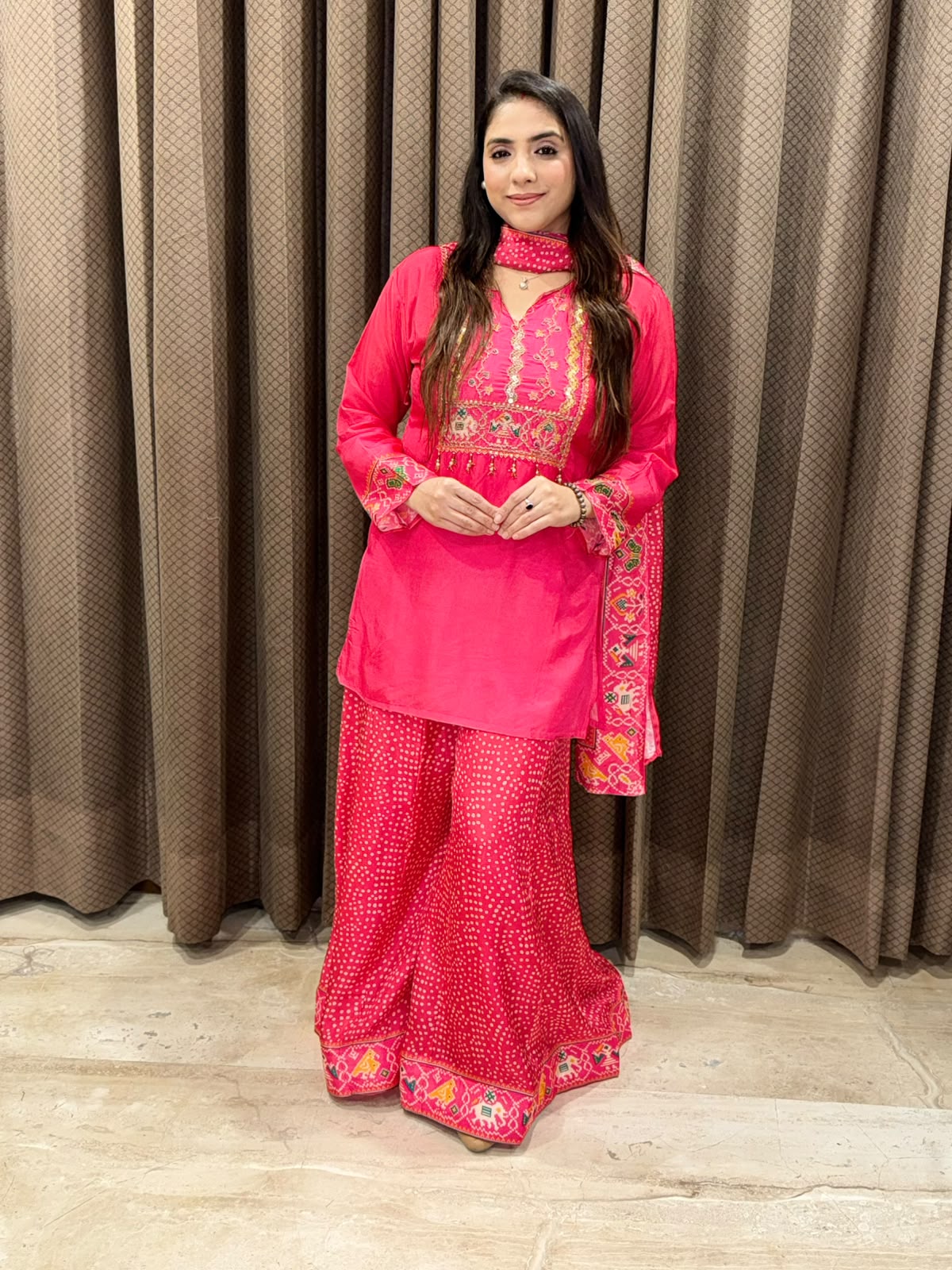 Pink  Designer bandhani with patola divider set with fully handwork