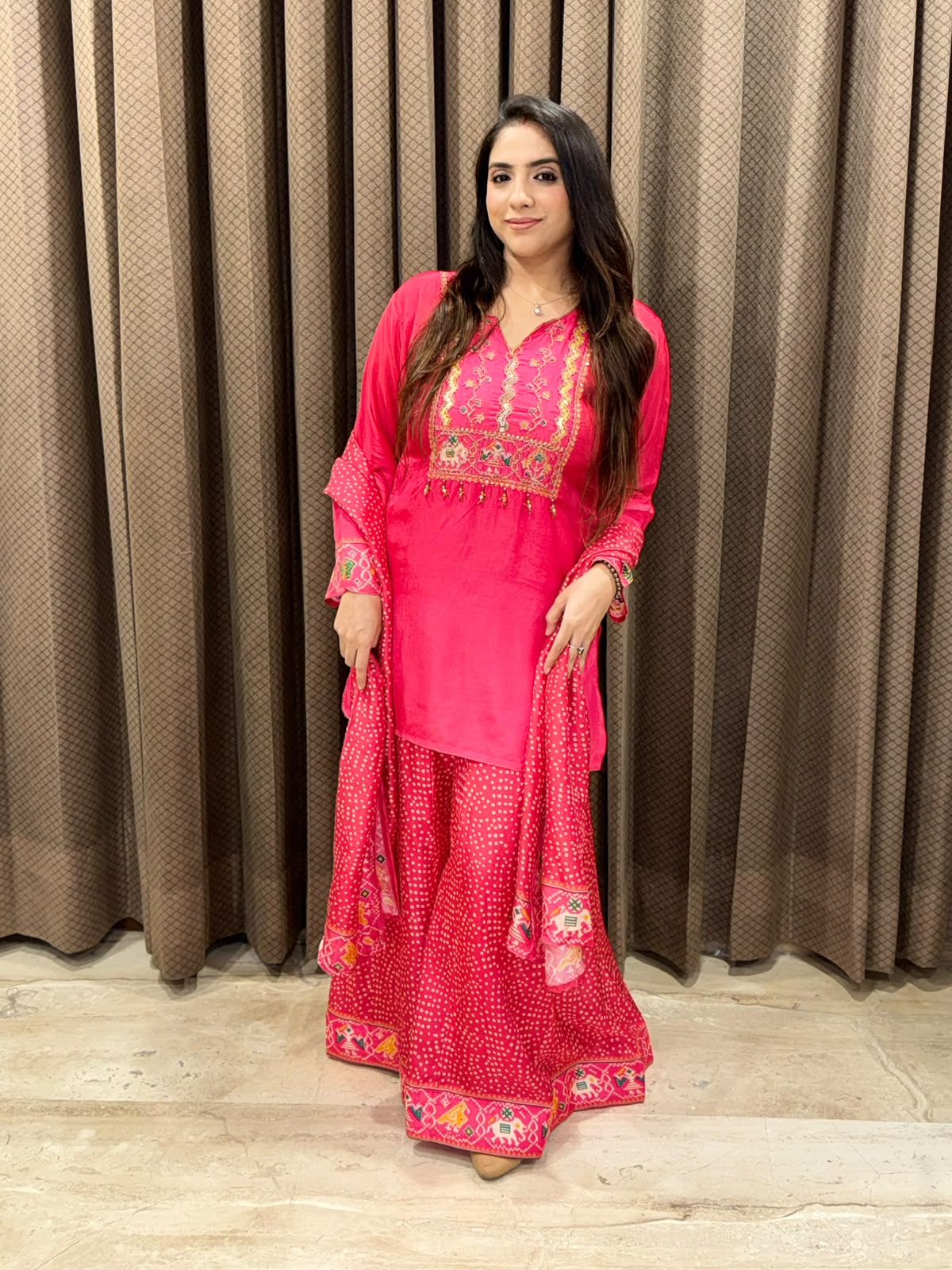 Pink  Designer bandhani with patola divider set with fully handwork