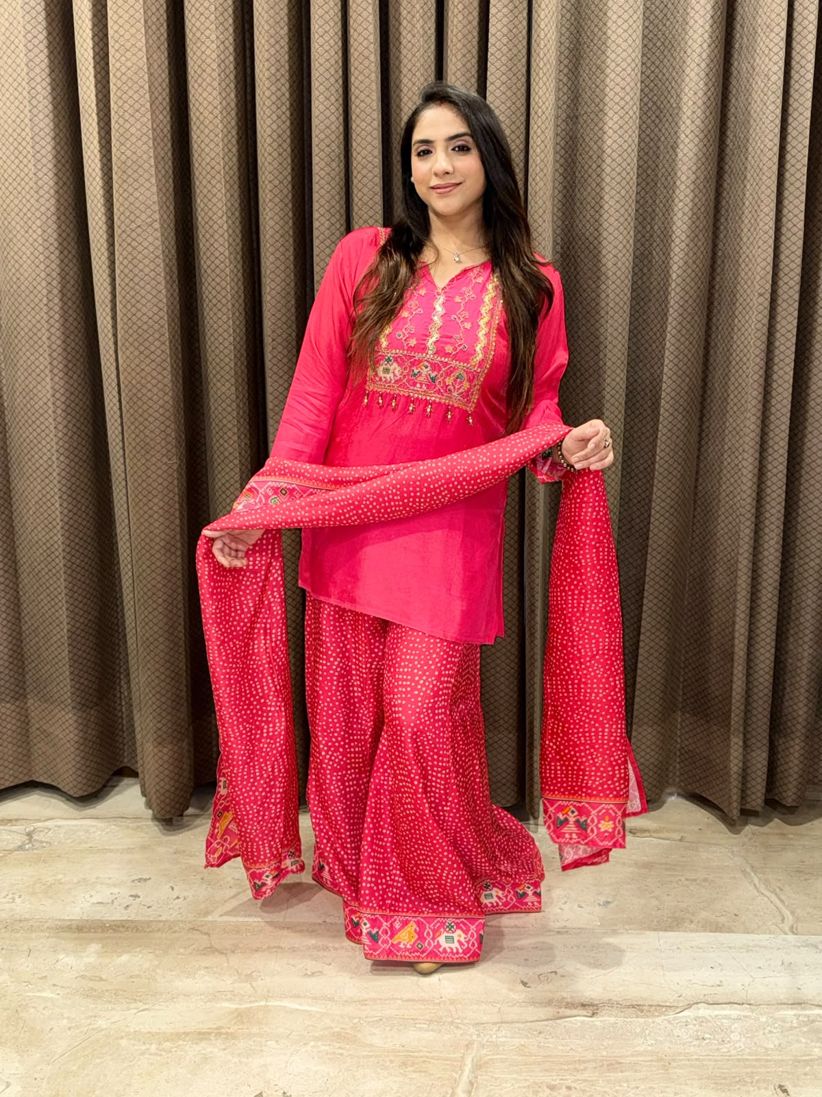 Pink  Designer bandhani with patola divider set with fully handwork