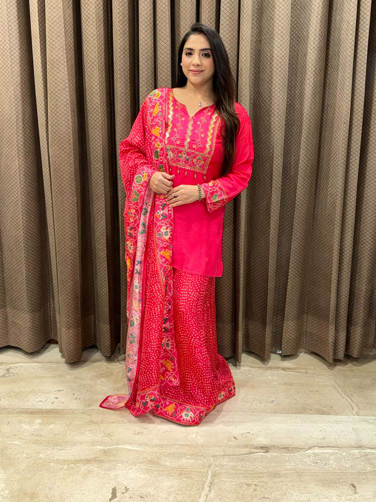 Pink  Designer bandhani with patola divider set with fully handwork