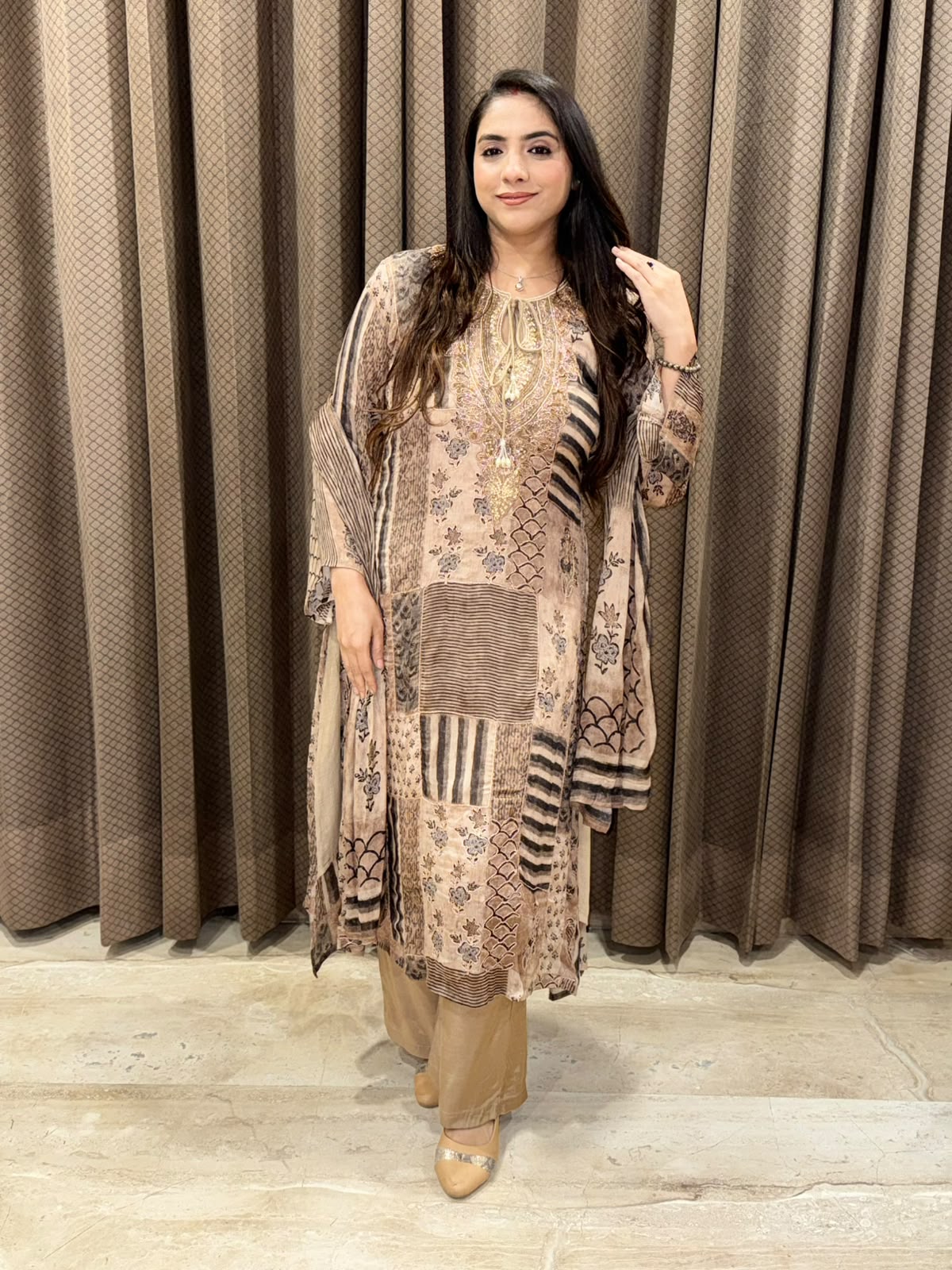 Beige gorgoeus Digital Suit set with handwork & dupatta