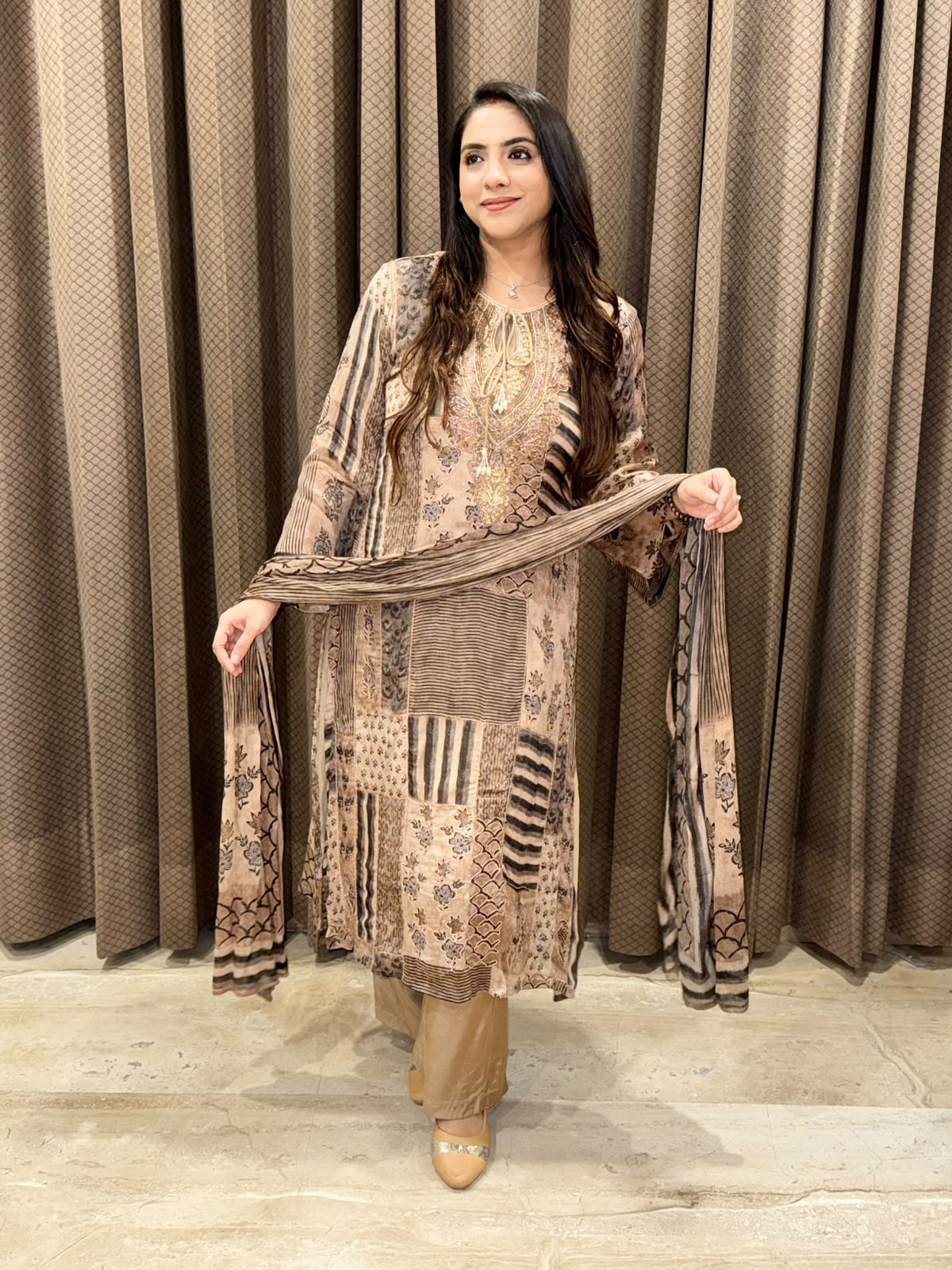 Beige gorgoeus Digital Suit set with handwork & dupatta