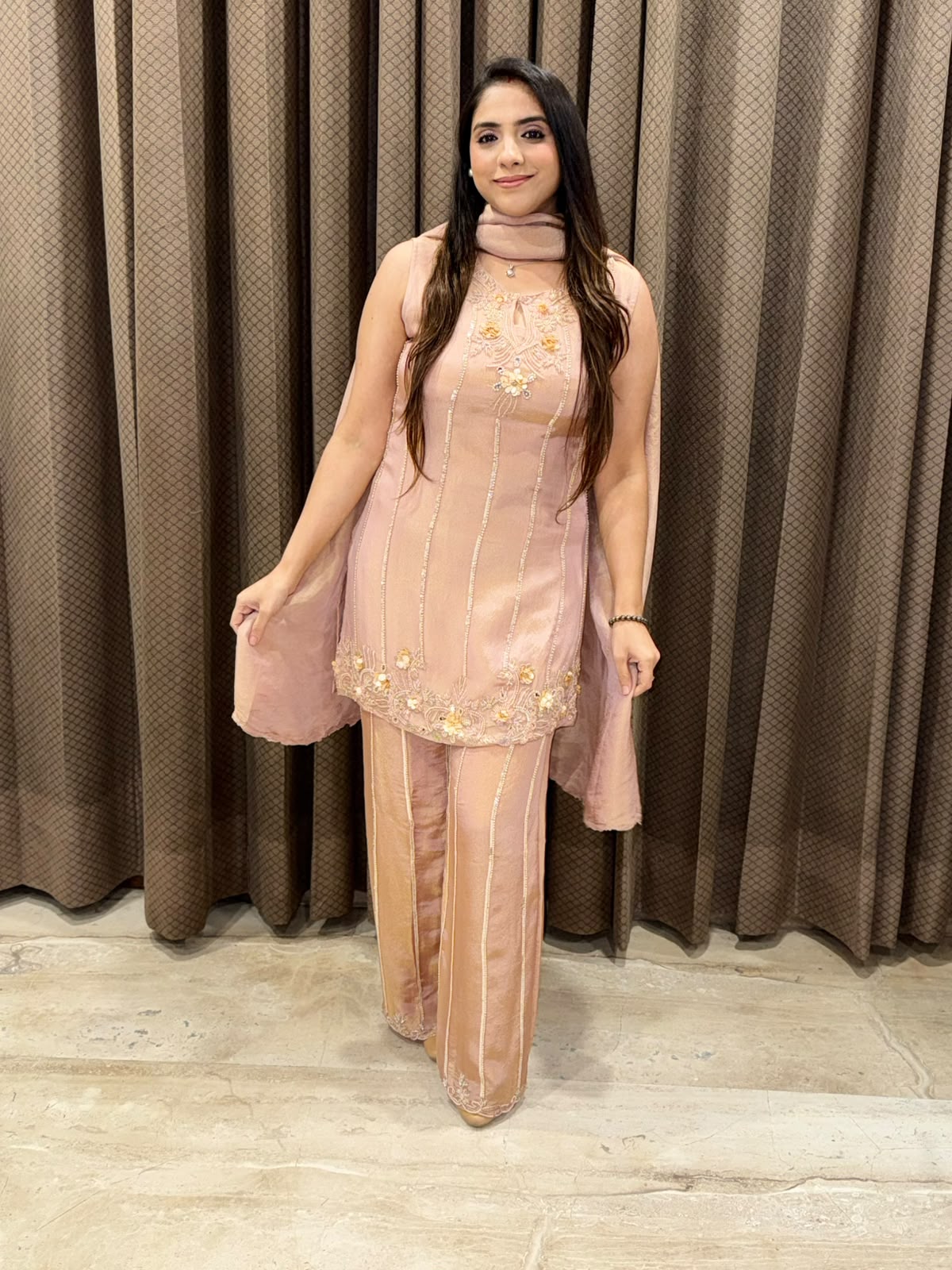 Peach Designer Plazoo suit set with heavy handwork & dupatta