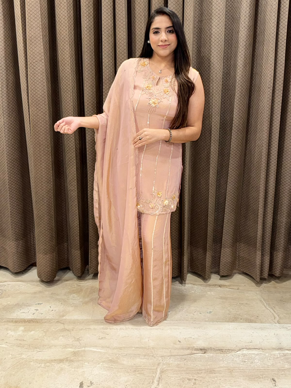 Peach Designer Plazoo suit set with heavy handwork & dupatta