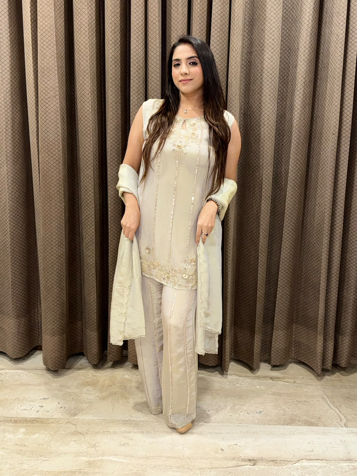 Grey Designer Plazoo suit set with heavy handwork & dupatta
