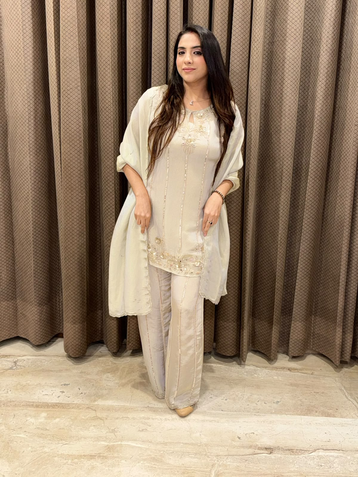 Grey Designer Plazoo suit set with heavy handwork & dupatta